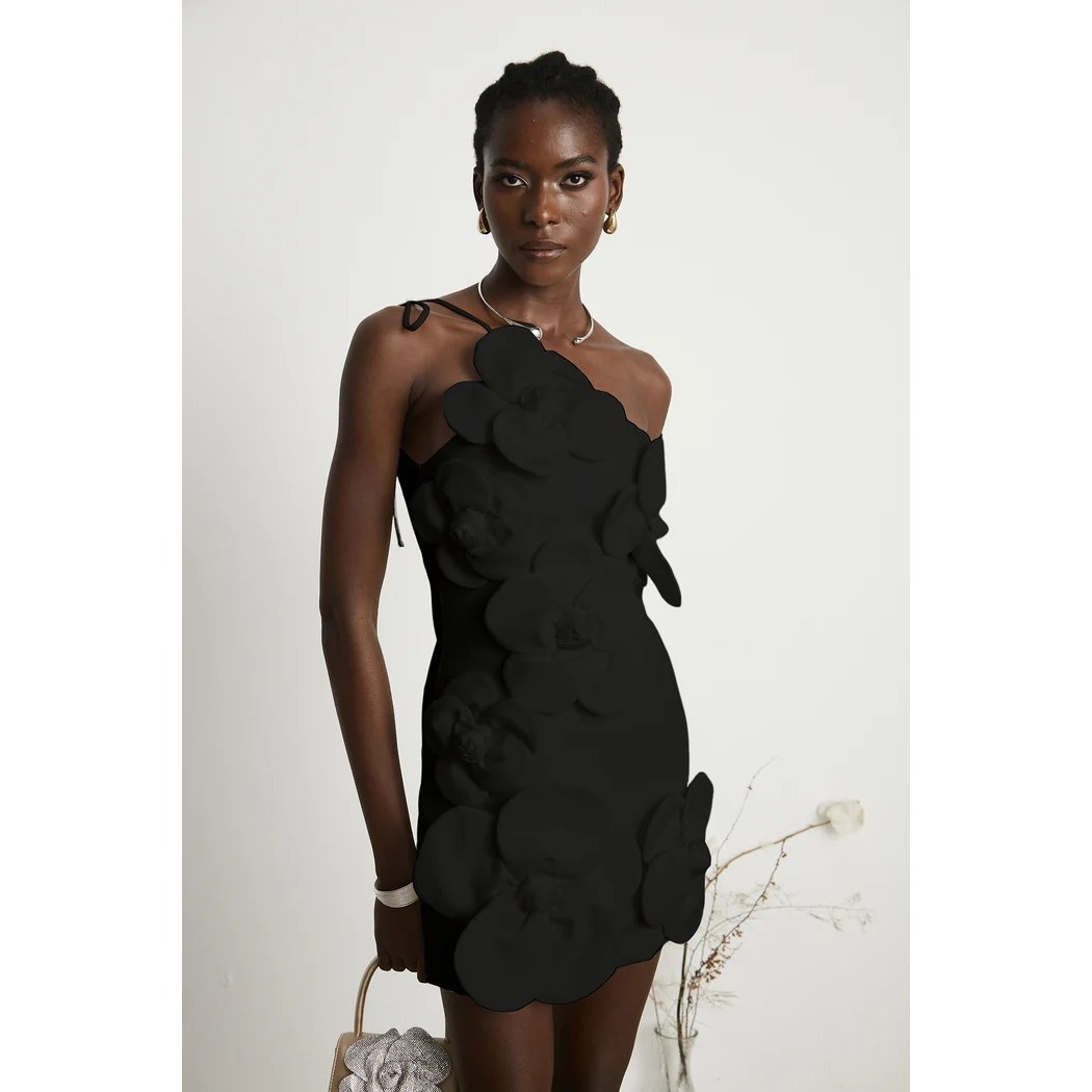 Miss Rosier Liane 3d Floral Rosette Off-Shoulder Mini Dress Black Cocktail Sz 12